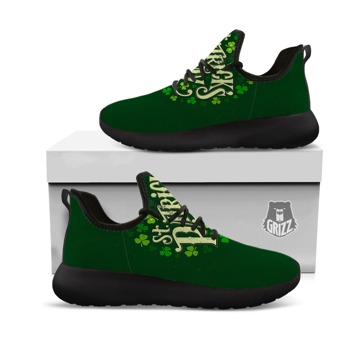 Saint Patrick's Day Green Clover Print Black Athletic Shoes-grizzshop