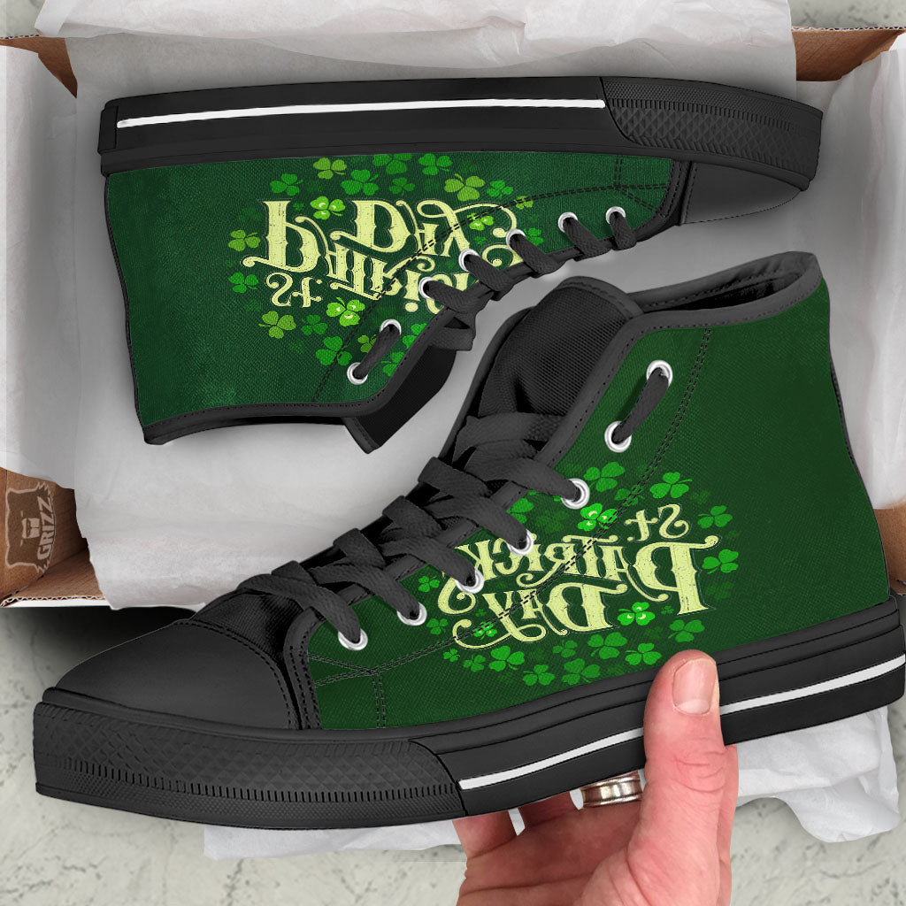 Saint Patrick's Day Green Clover Print Black High Top Shoes-grizzshop