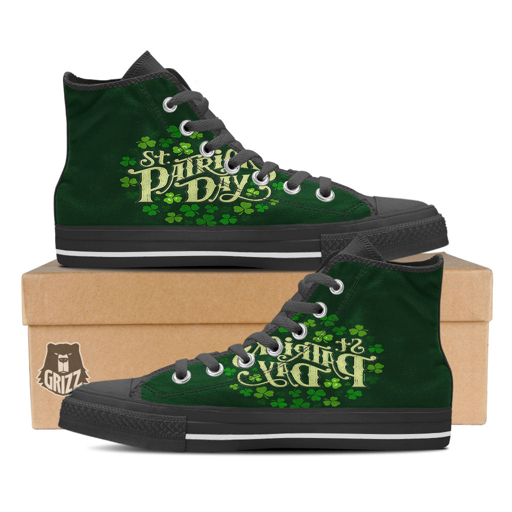 Saint Patrick's Day Green Clover Print Black High Top Shoes-grizzshop