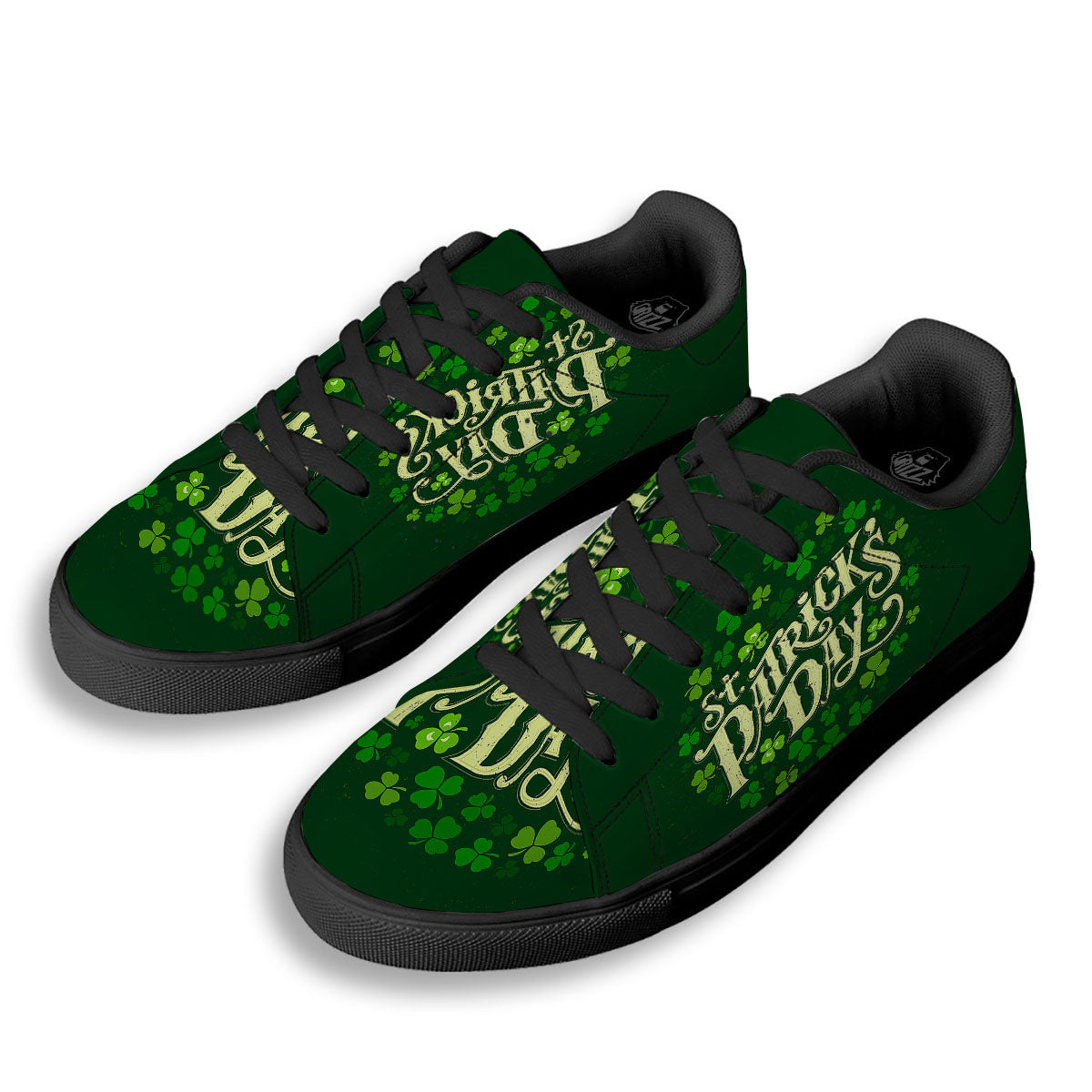 Saint Patrick's Day Green Clover Print Black Low Top Sneakers-grizzshop