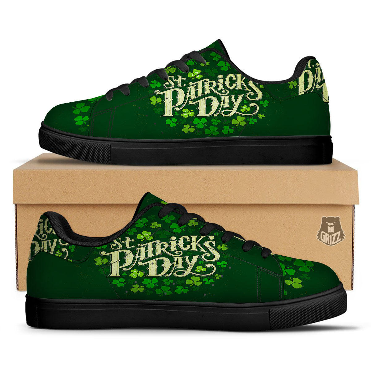 Saint Patrick's Day Green Clover Print Black Low Top Sneakers-grizzshop