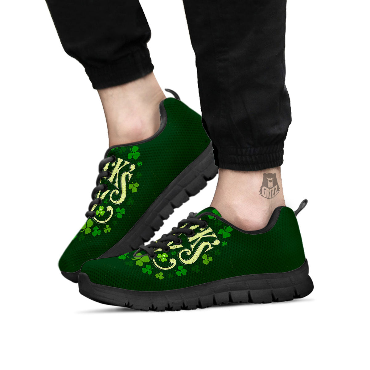 Saint Patrick's Day Green Clover Print Black Sneaker-grizzshop