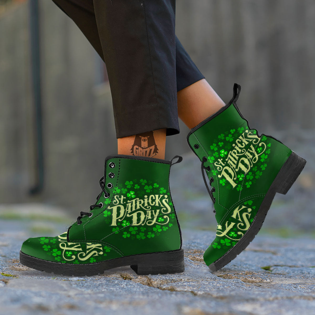 Saint Patrick's Day Green Clover Print Leather Boots-grizzshop