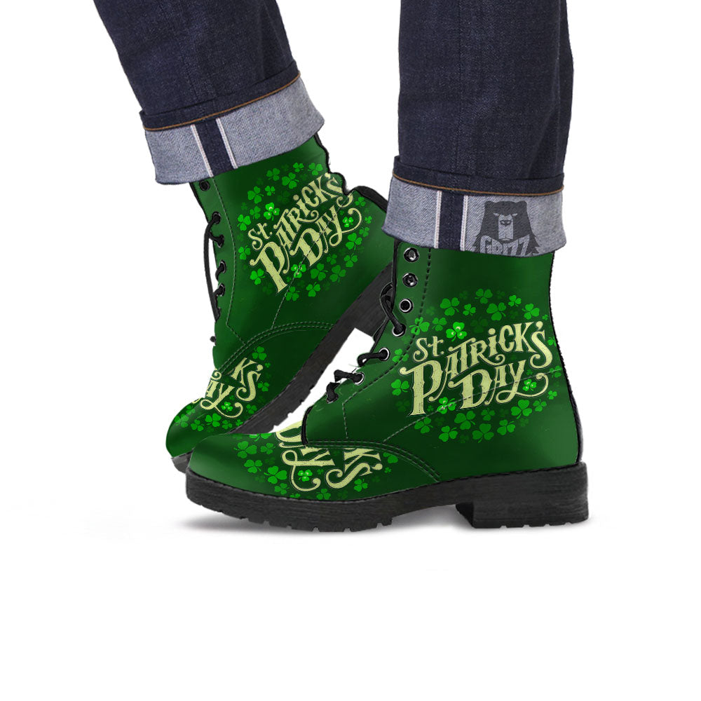 Saint Patrick's Day Green Clover Print Leather Boots-grizzshop