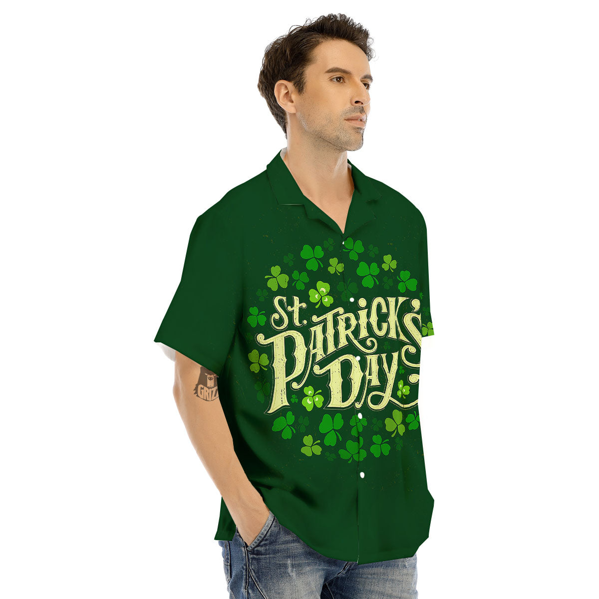 Saint Patrick's Day Green Clover Print Men's Hawaiian Shirt-grizzshop