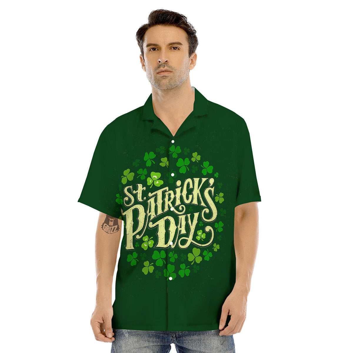 Saint Patrick's Day Green Clover Print Men's Hawaiian Shirt-grizzshop