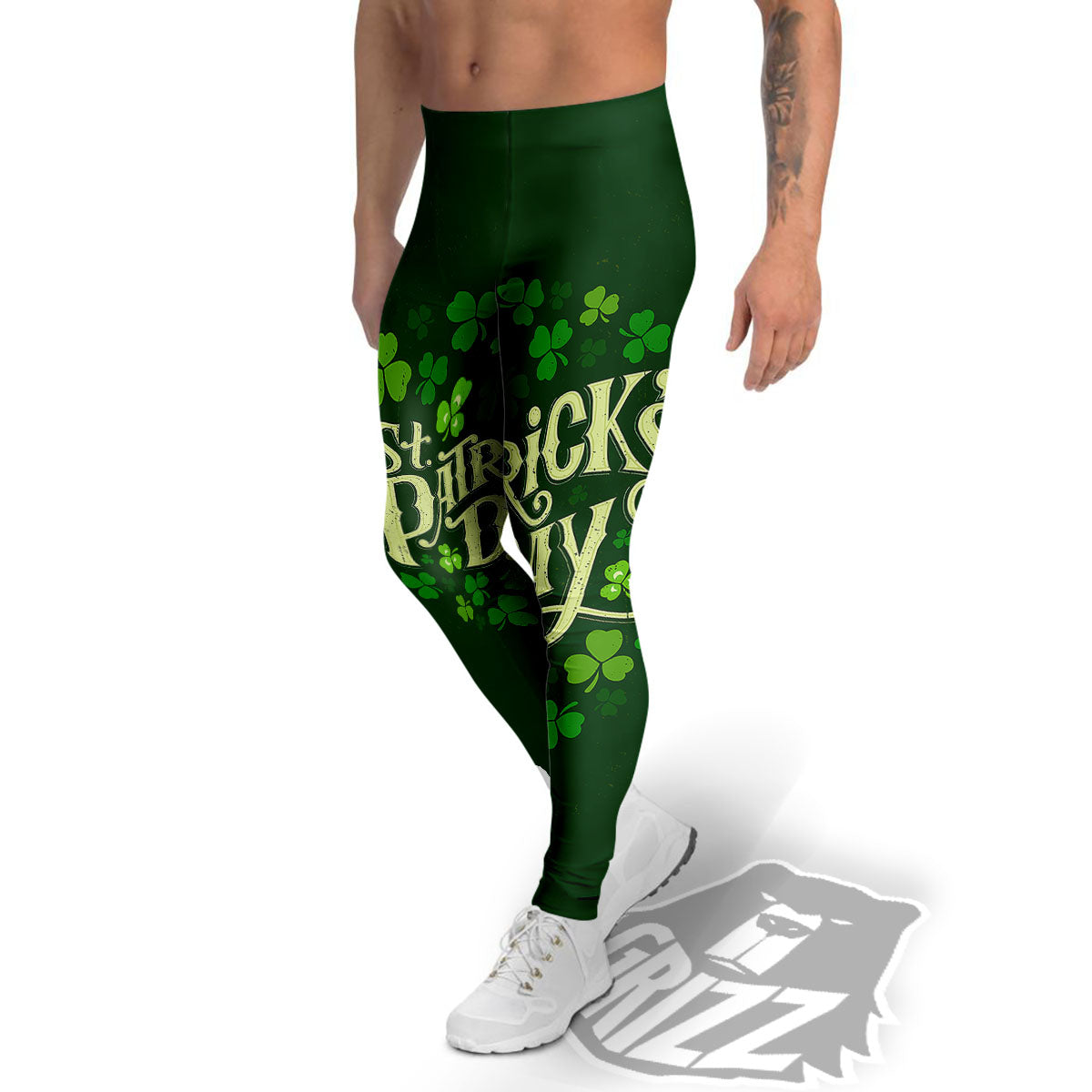 Saint Patrick's Day Green Clover Print Men's Leggings-grizzshop