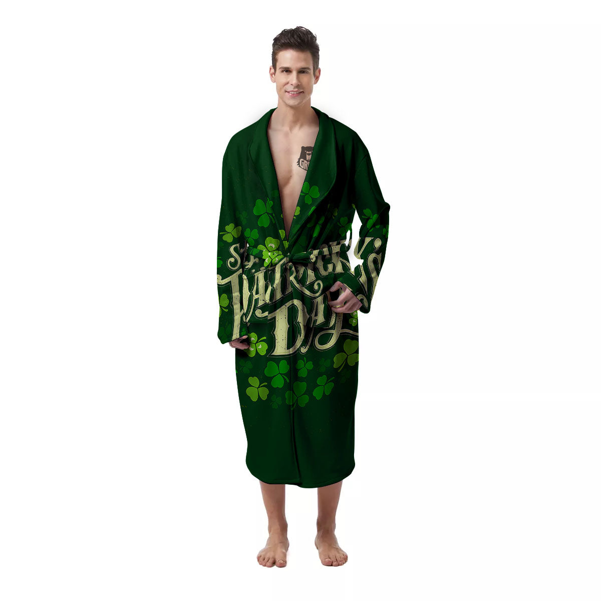 Saint Patrick's Day Green Clover Print Men's Robe-grizzshop