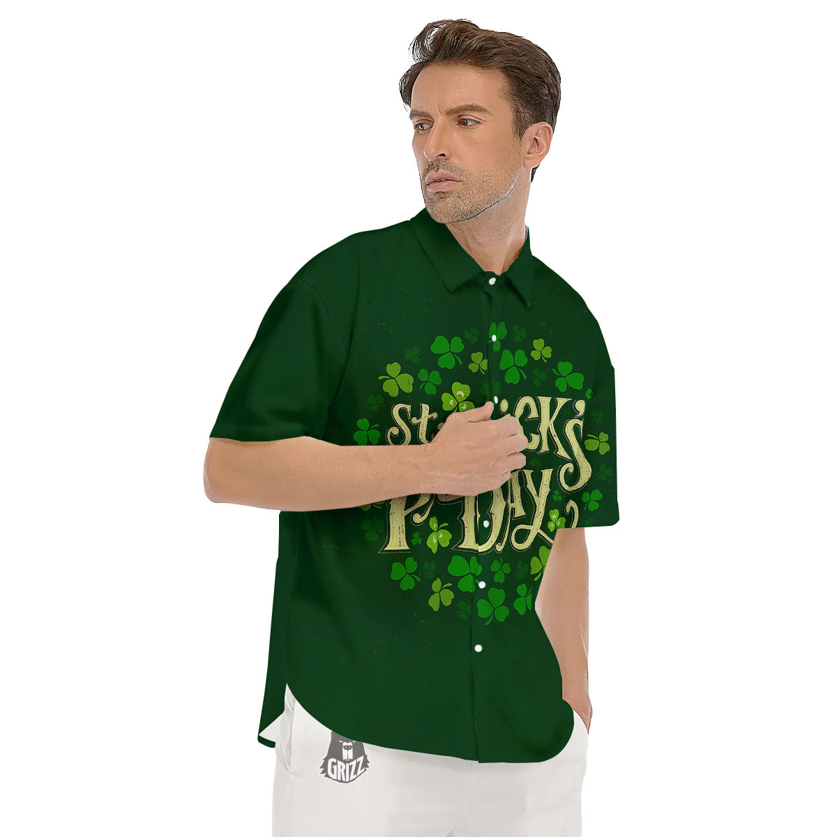 Saint Patrick's Day Green Clover Print Men's Short Sleeve Shirts-grizzshop