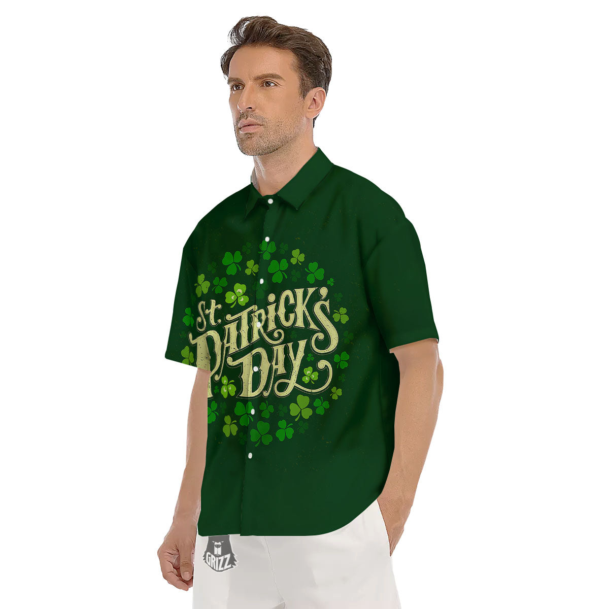 Saint Patrick's Day Green Clover Print Men's Short Sleeve Shirts-grizzshop