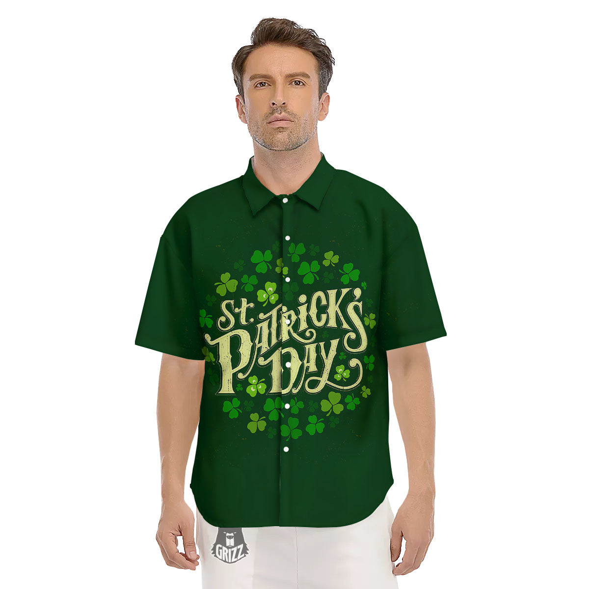 Saint Patrick's Day Green Clover Print Men's Short Sleeve Shirts-grizzshop