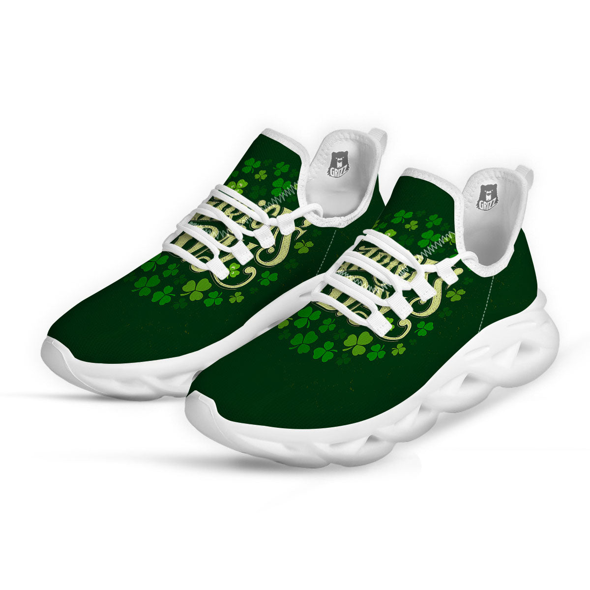 Saint Patrick's Day Green Clover Print White Running Shoes-grizzshop