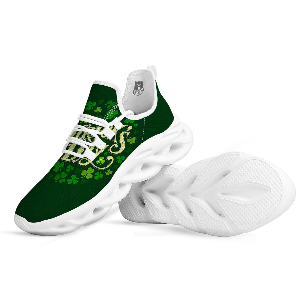 Saint Patrick's Day Green Clover Print White Running Shoes-grizzshop