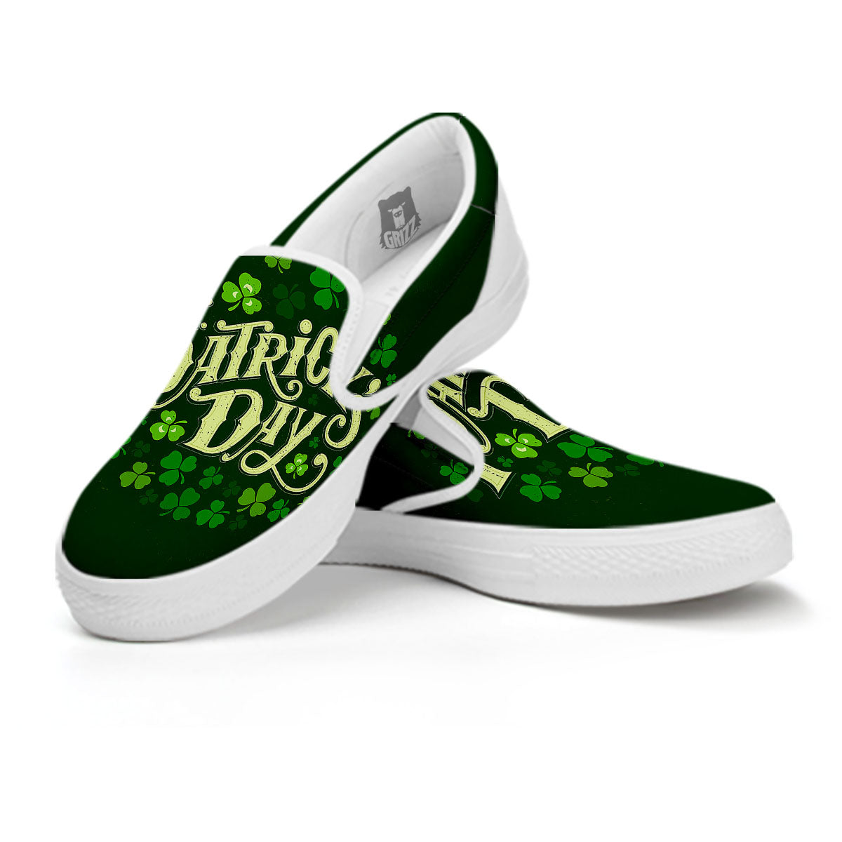 Saint Patrick's Day Green Clover Print White Slip On Shoes-grizzshop