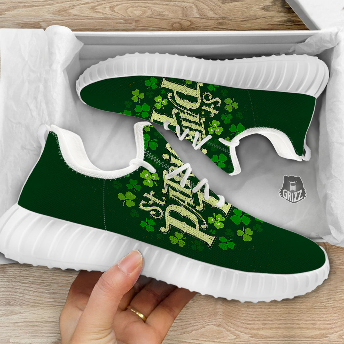 Saint Patrick's Day Green Clover Print White Walking Shoes-grizzshop