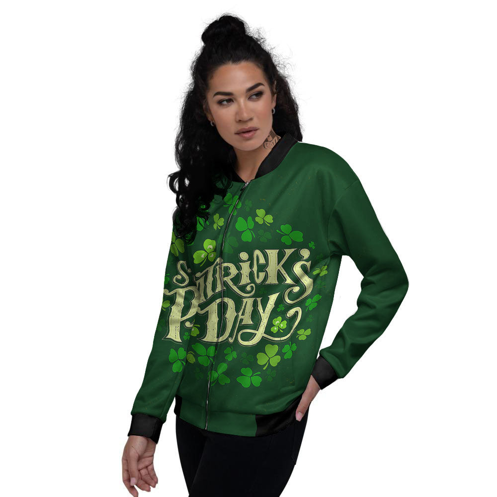 Saint Patrick's Day Green Clover Print Women's Bomber Jacket-grizzshop