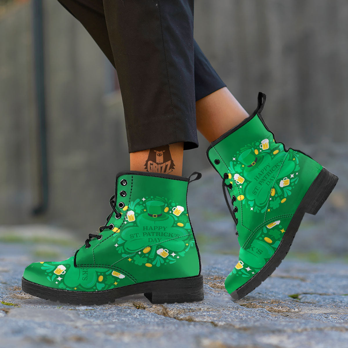 Saint Patrick's Day Green Irish Print Leather Boots-grizzshop