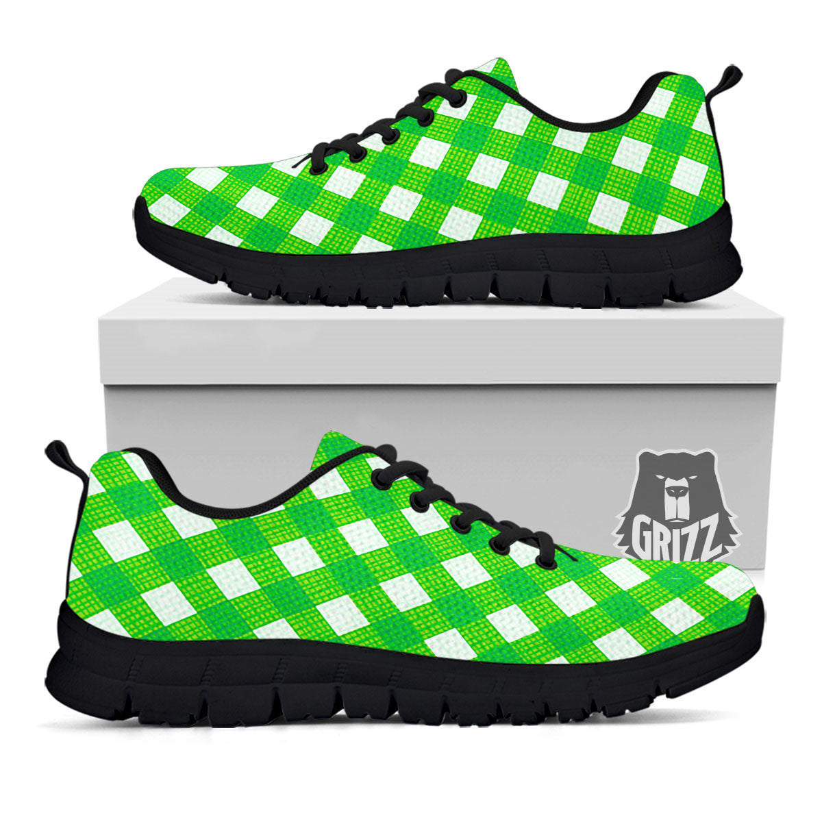 Saint Patrick's Day Green Plaid Print Black Sneaker-grizzshop