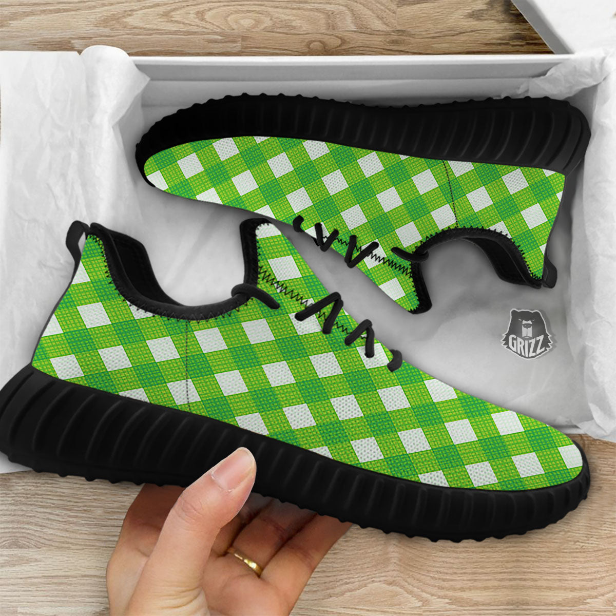 Saint Patrick's Day Green Plaid Print Black Walking Shoes-grizzshop