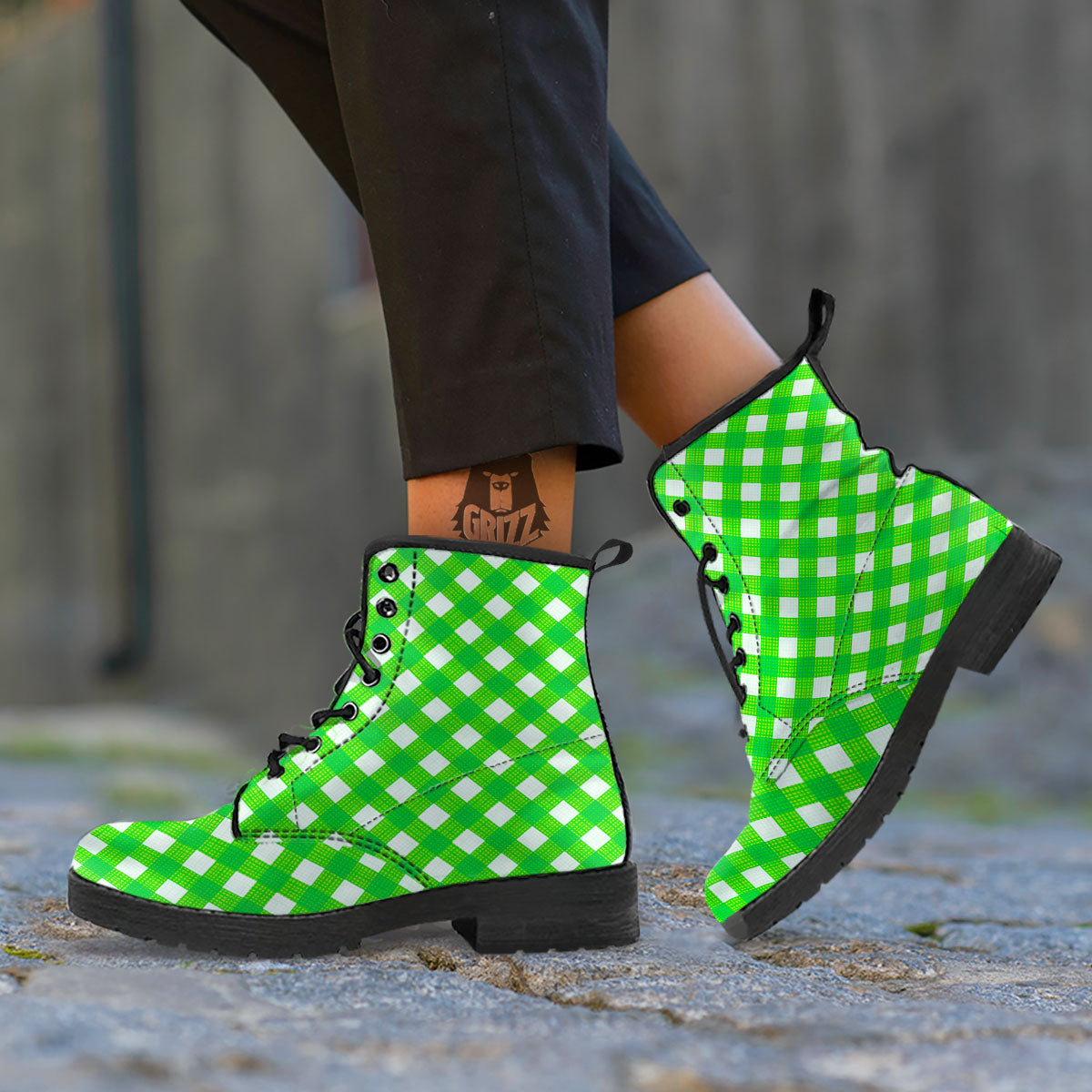 Saint Patrick's Day Green Plaid Print Leather Boots-grizzshop