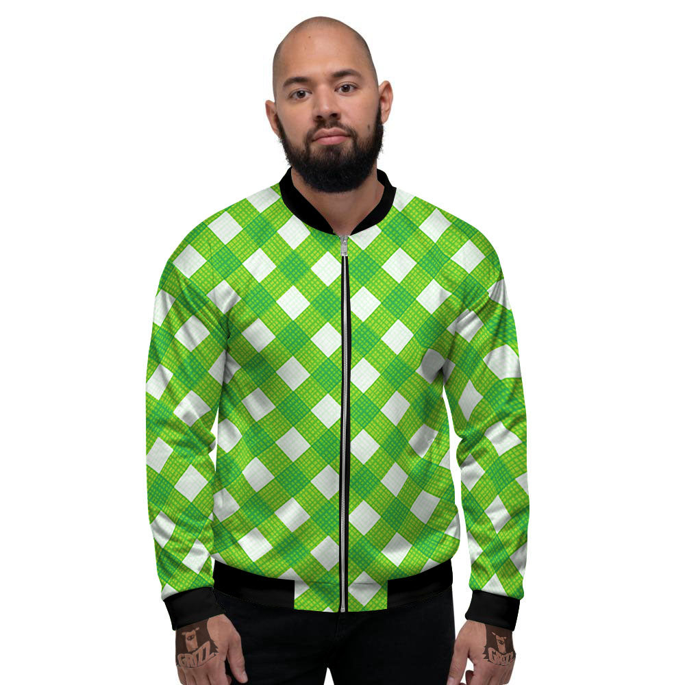 Saint Patrick's Day Green Plaid Print Men's Bomber Jacket-grizzshop