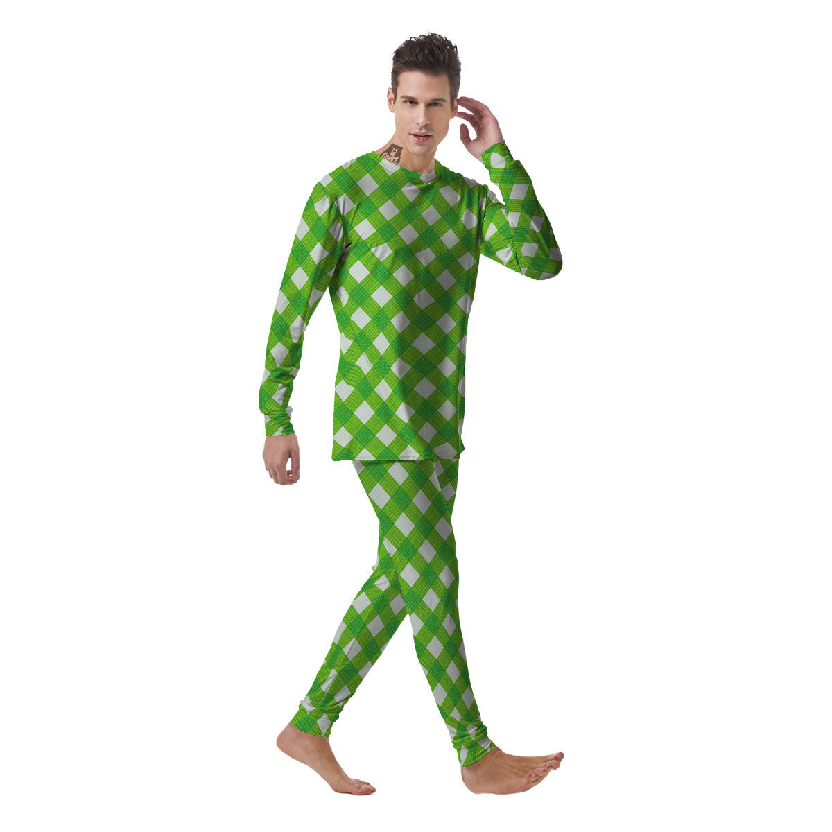 Saint Patrick's Day Green Plaid Print Men's Pajamas-grizzshop