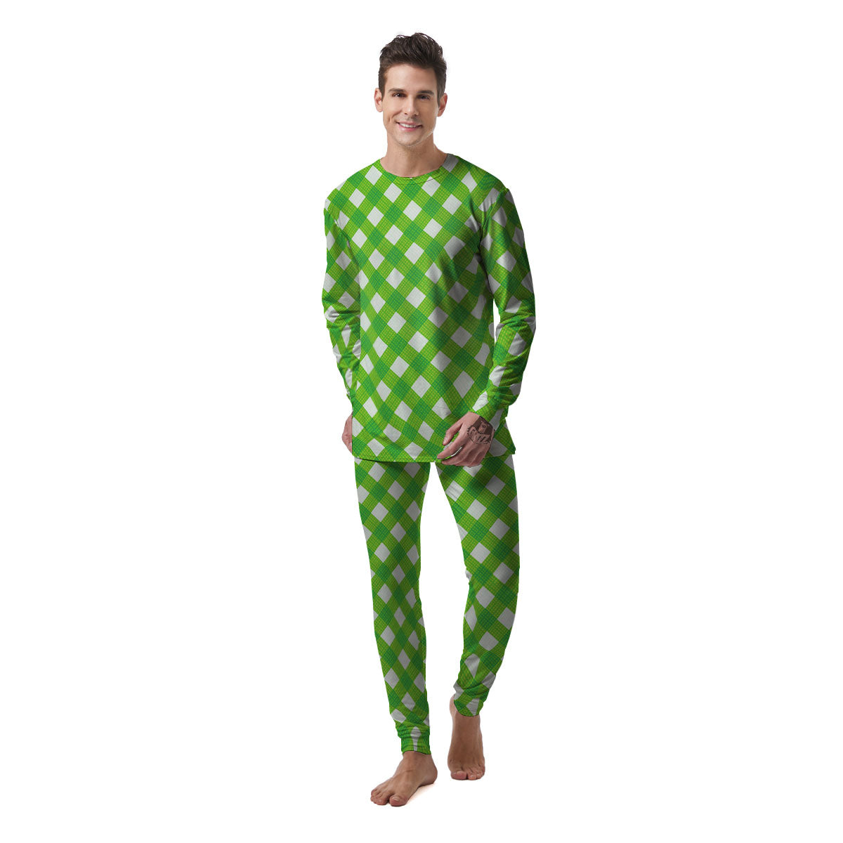 Saint Patrick's Day Green Plaid Print Men's Pajamas-grizzshop