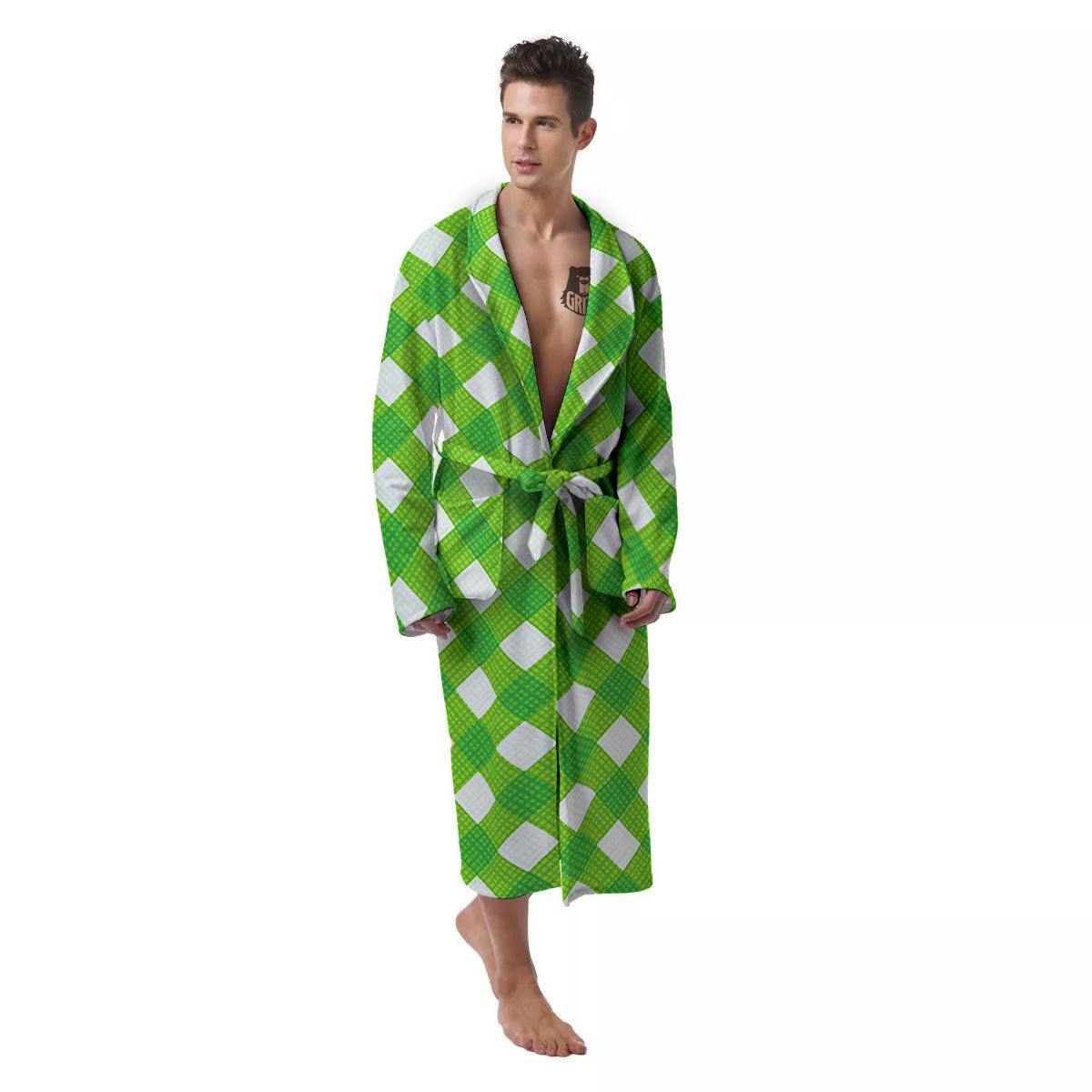 Saint Patrick's Day Green Plaid Print Men's Robe-grizzshop