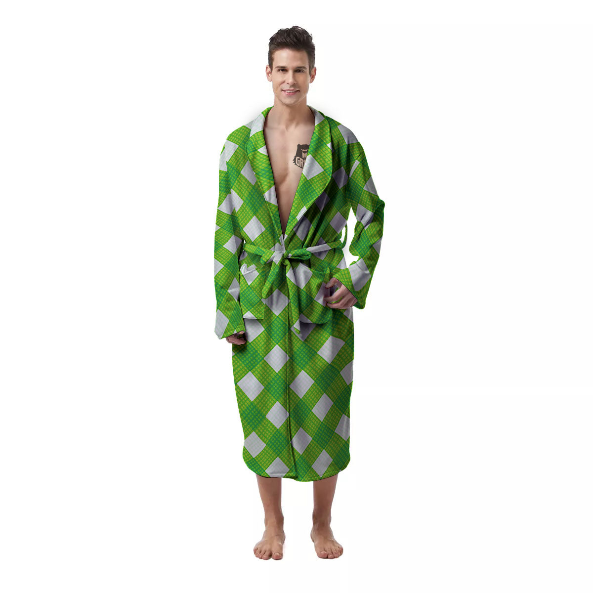 Saint Patrick's Day Green Plaid Print Men's Robe-grizzshop