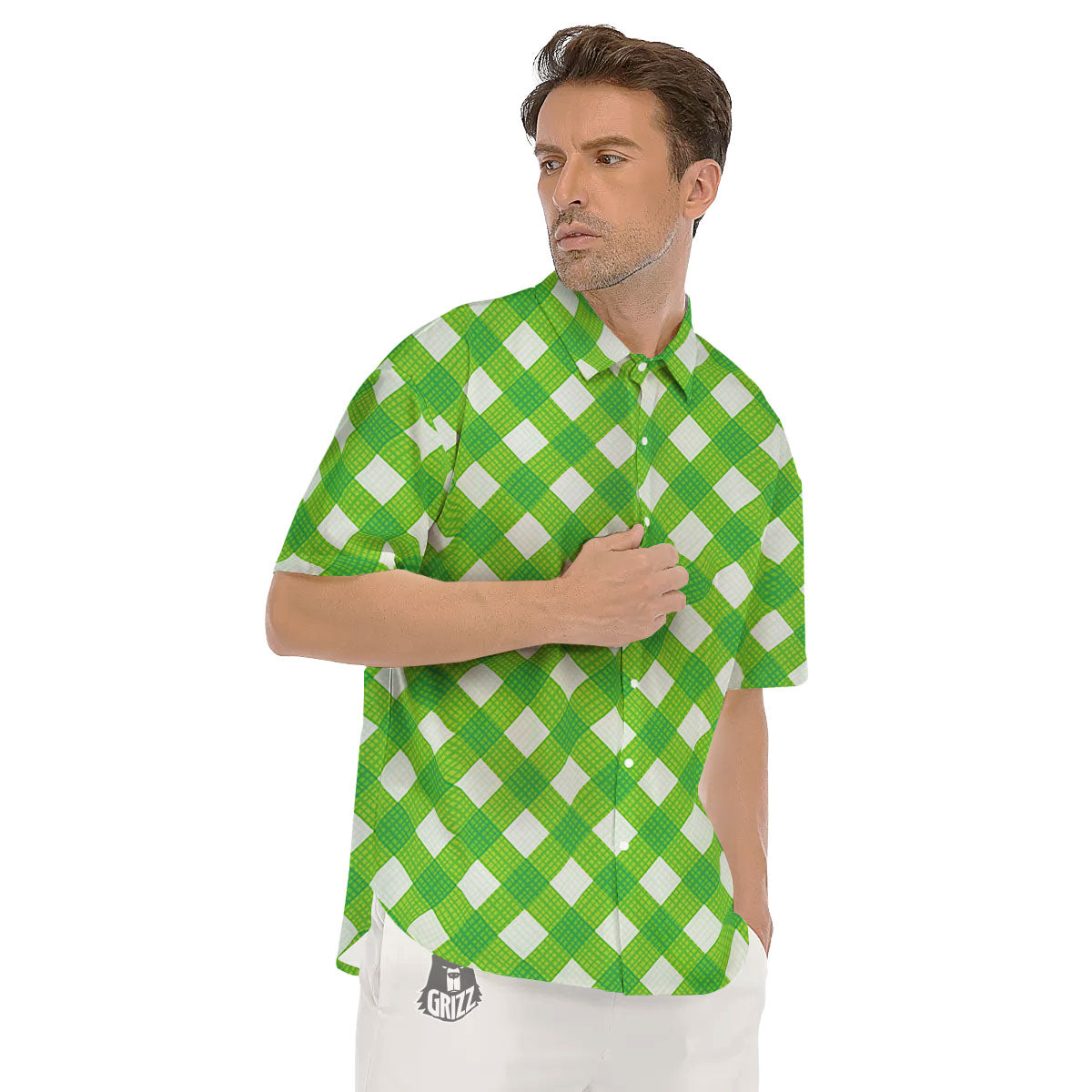 Saint Patrick's Day Green Plaid Print Men's Short Sleeve Shirts-grizzshop