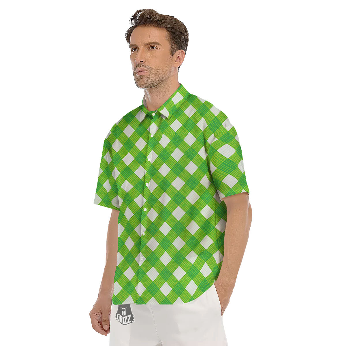 Saint Patrick's Day Green Plaid Print Men's Short Sleeve Shirts-grizzshop