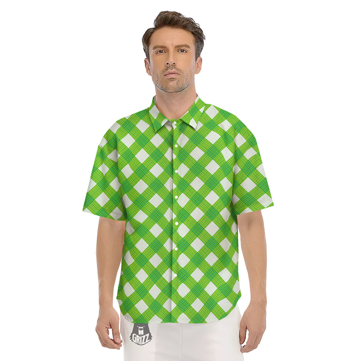 Saint Patrick's Day Green Plaid Print Men's Short Sleeve Shirts-grizzshop