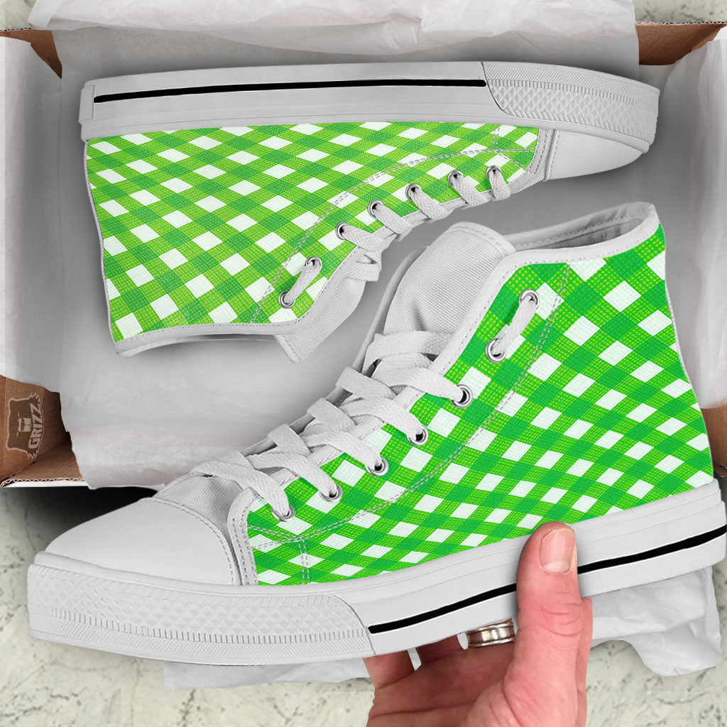 Saint Patrick's Day Green Plaid Print White High Top Shoes-grizzshop