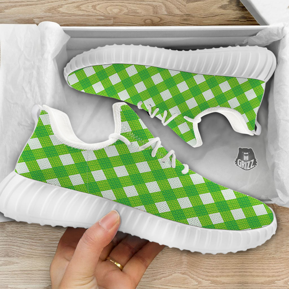 Saint Patrick's Day Green Plaid Print White Walking Shoes-grizzshop