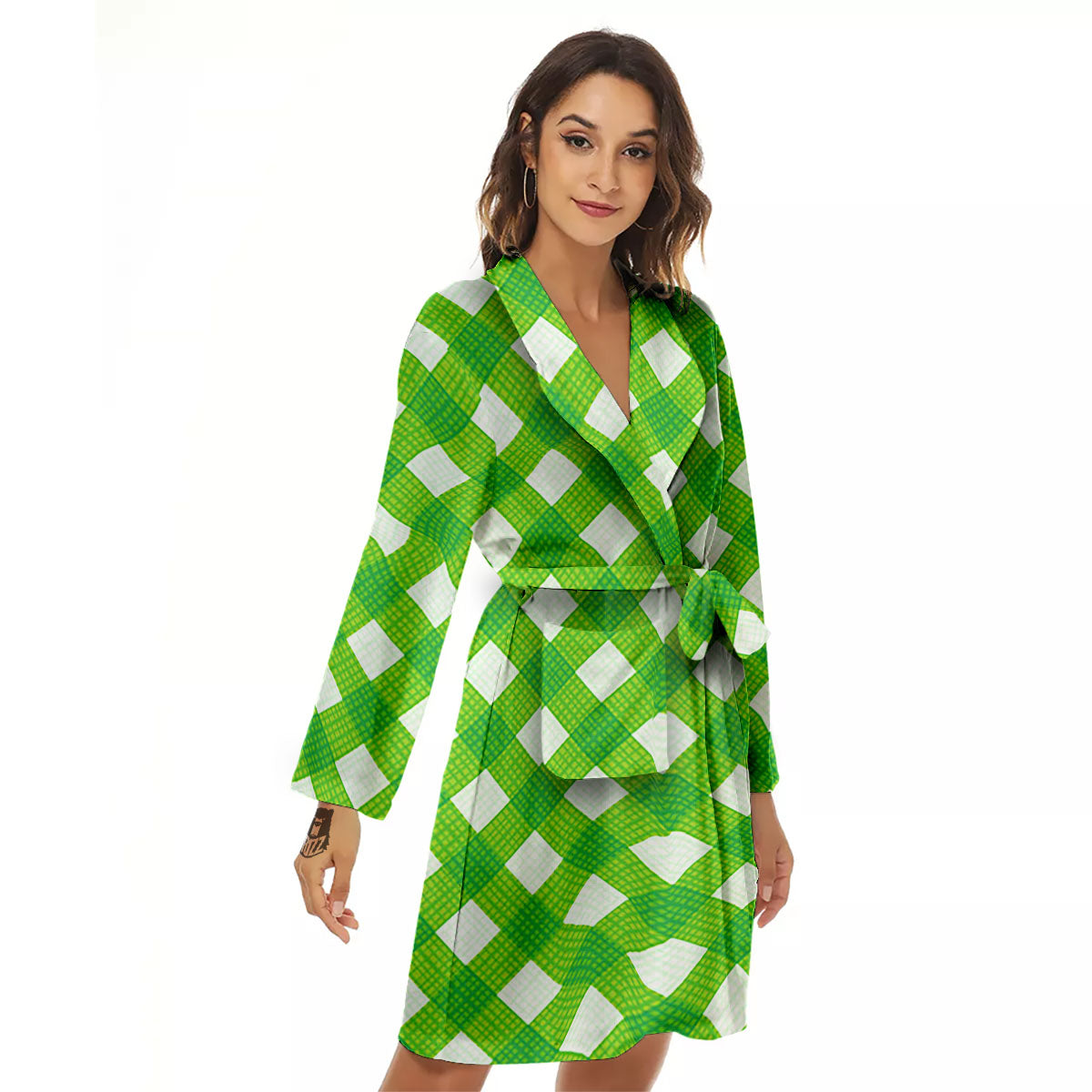 Saint Patrick's Day Green Plaid Print Women's Robe-grizzshop