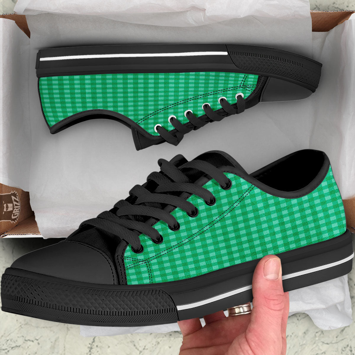 Saint Patrick's Day Green Tartan Print Black Low Top Shoes-grizzshop