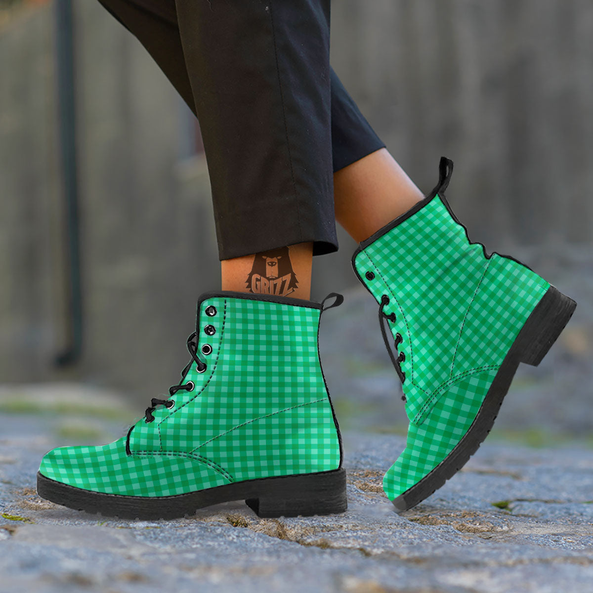 Saint Patrick's Day Green Tartan Print Leather Boots-grizzshop