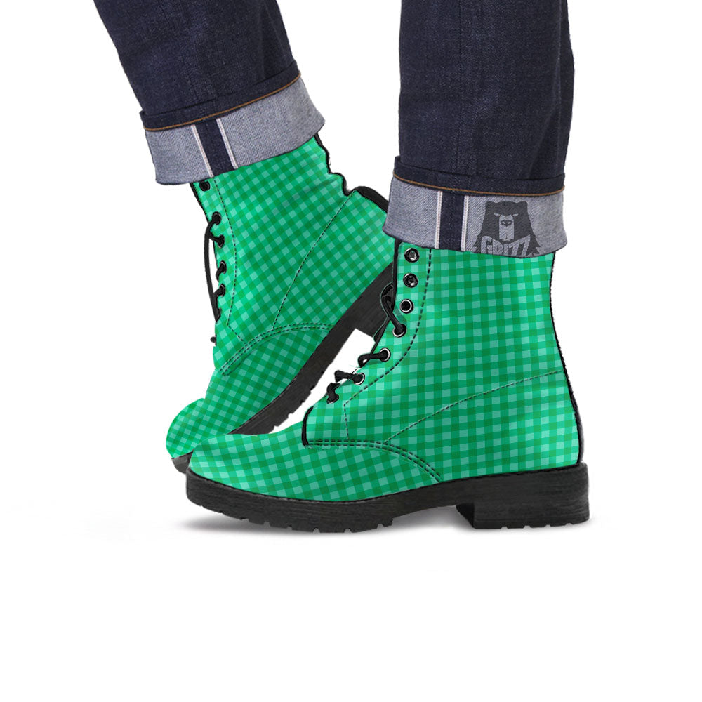 Saint Patrick's Day Green Tartan Print Leather Boots-grizzshop