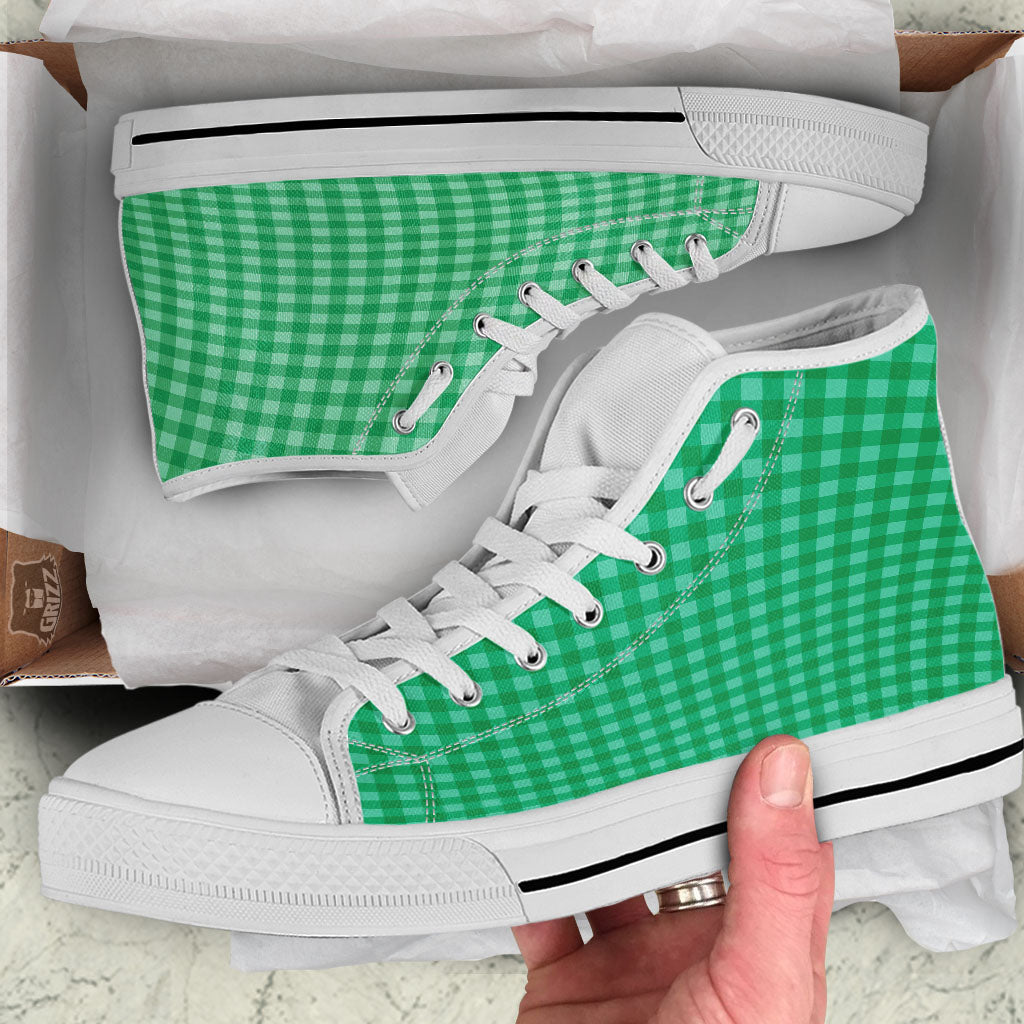 Saint Patrick's Day Green Tartan Print White High Top Shoes-grizzshop