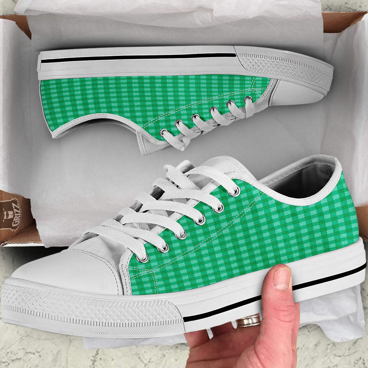 Saint Patrick's Day Green Tartan Print White Low Top Shoes-grizzshop