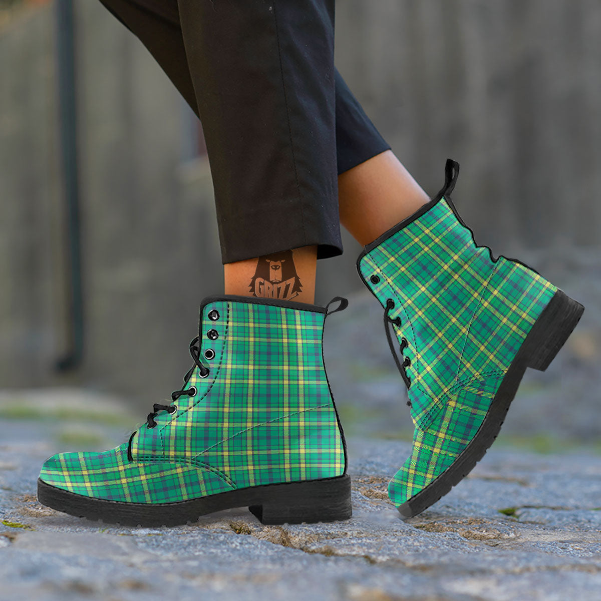 Saint Patrick's Day Irish Check Print Leather Boots-grizzshop