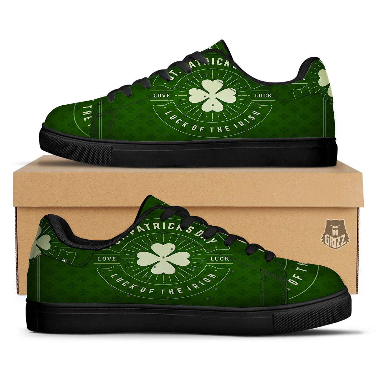 Saint Patrick's Day Irish Clover Print Black Low Top Sneakers-grizzshop