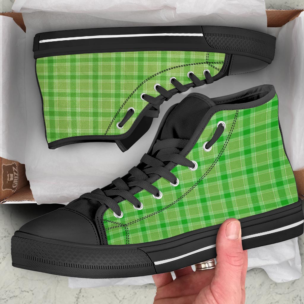 Saint Patrick's Day Shamrock Plaid Print Pattern Black High Top Shoes-grizzshop