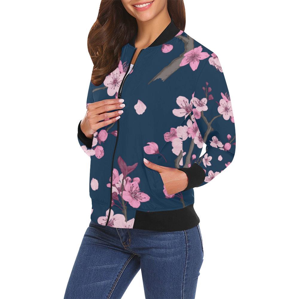 Sakura Cherry Blossom Print Women Casual Bomber Jacket-grizzshop