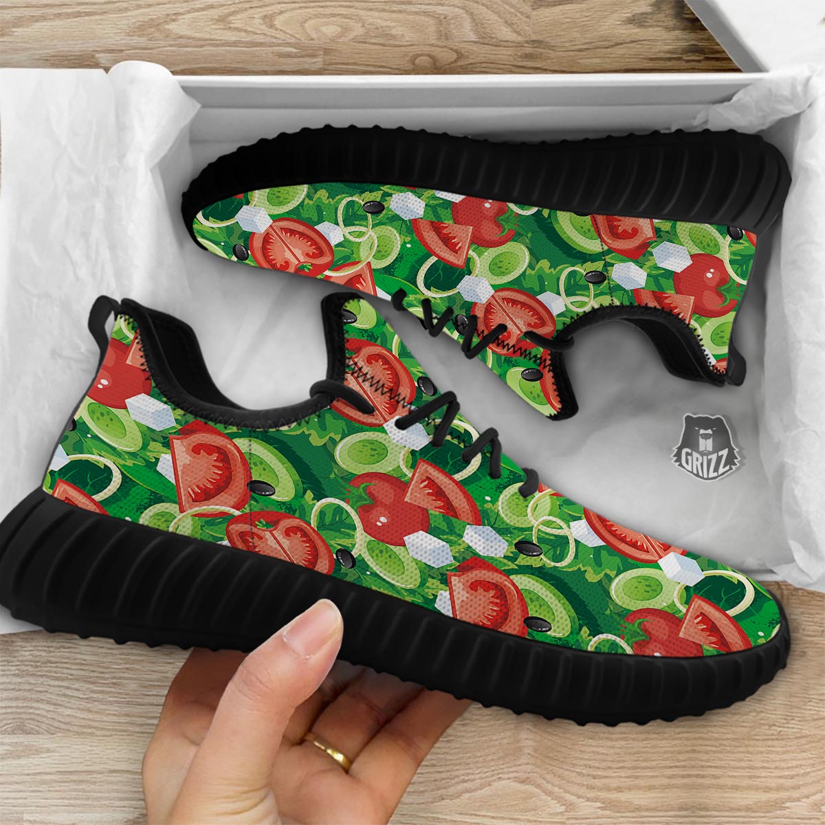 Salad Vegetable Print Pattern Black Walking Shoes-grizzshop