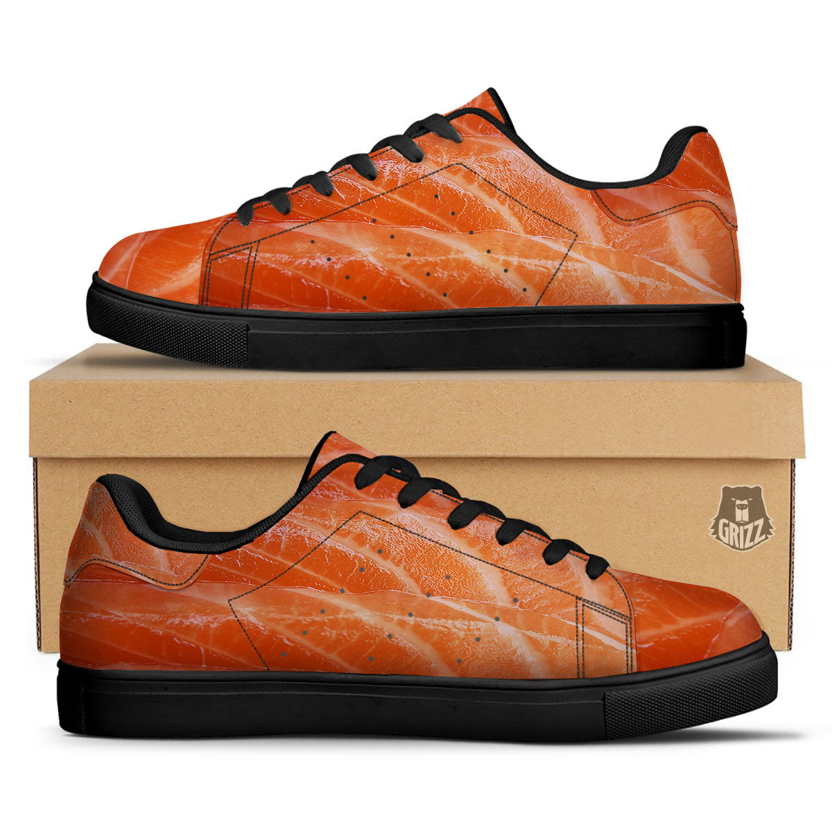 Salmon Print Black Low Top Sneakers-grizzshop