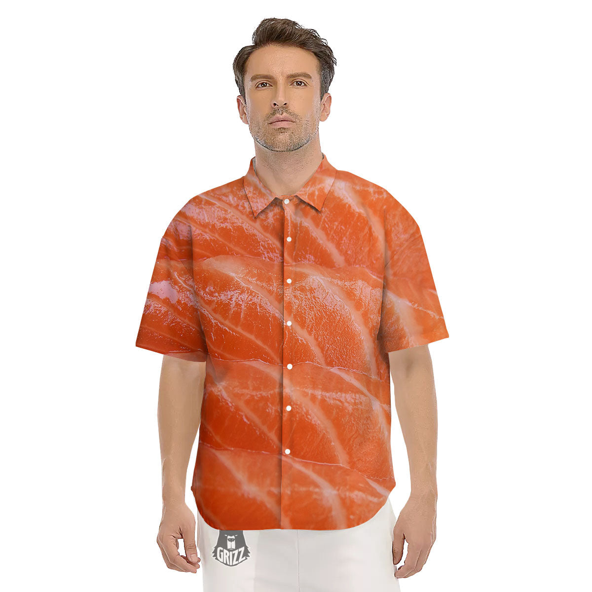 Salmon Print Men's Short Sleeve Shirts-grizzshop