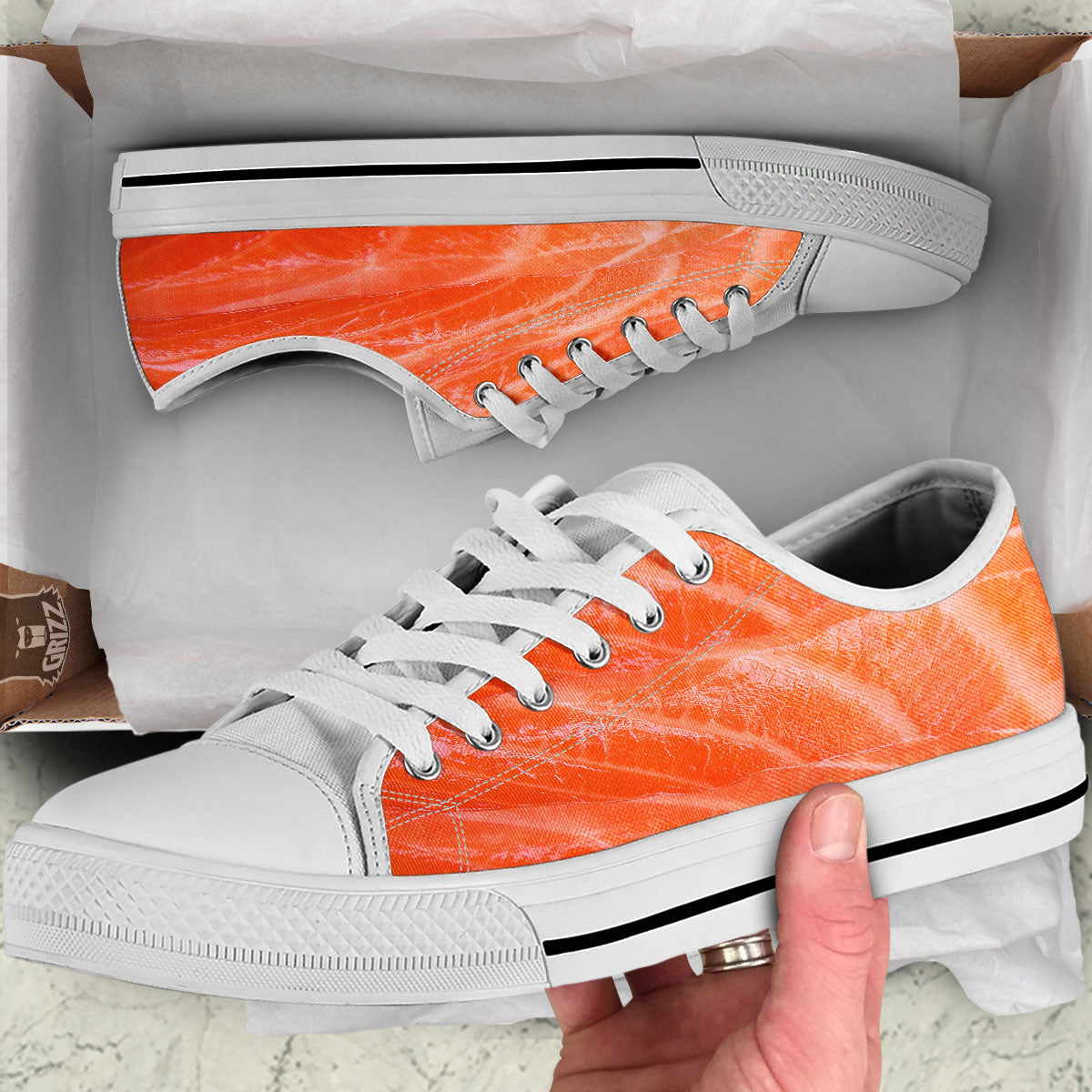 Salmon Print White Low Top Shoes-grizzshop