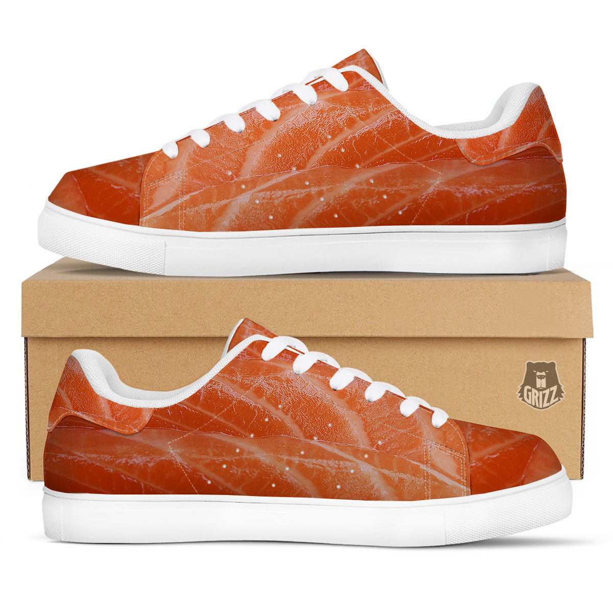 Salmon Print White Low Top Sneakers-grizzshop