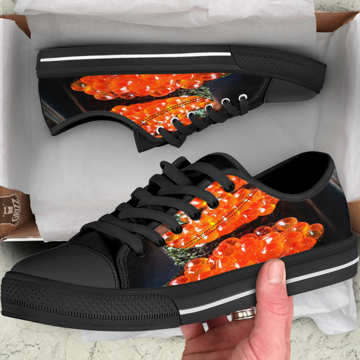 Salmon Roe Sushi Print Black Low Top Shoes-grizzshop